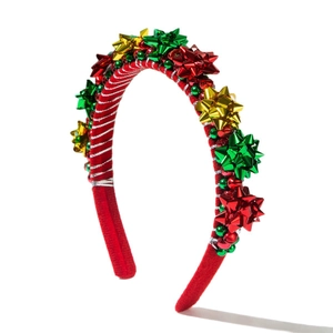 Sparkly Christmas headband with festive metallic bows, bells, and beads for holiday party