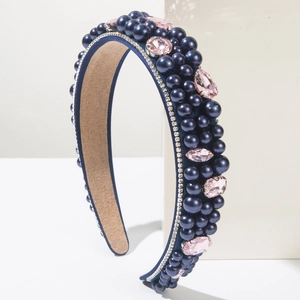Serre-tête luxueux en velours bleu marine avec cristaux roses, perles et strass