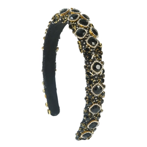 Baroque style wide headband featuring luxury black rhinestones and gold metal details