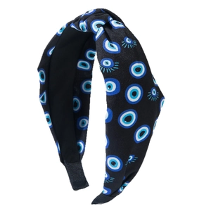 Knotted evil eye pattern headband in black fabric with high-top trendy design for women