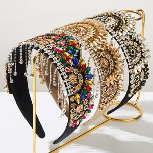 Baroque Vintage Luxury Wide Headband With Rhinestone Crystal Tassel Royal Style Floral Hairband For Women Wedding Party Jewelry