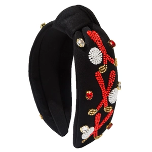 Serre-tête noué fait main avec strass rouges et broderie de perles sur tissu noir élégant