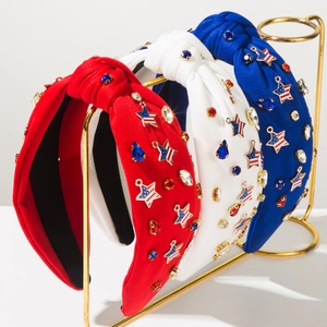 Serre-tête Noué Jour de l'Indépendance Femme Étoiles Drapeau Américain Strass Décoré Rouge Blanc Bleu Accessoire Cheveux
