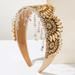 Baroque crown headband with glittering rhinestones and elegant tassels on white stones
