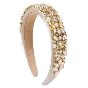 Baroque style velvet headband with champagne satin, sparkling crystals and pearls