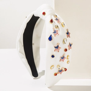Serre-tête noué blanc avec étoiles du drapeau américain et strass colorés