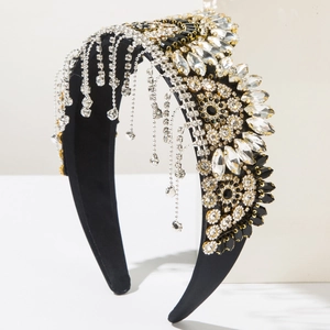 Baroque padded headband with sparkling crystals and rhinestone fringe tassels