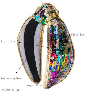 Rainbow sequin knotted wide headband with gold trim, 43cm circumference and 47.3g weight
