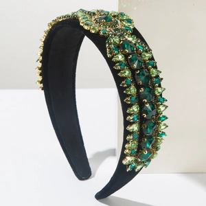 Baroque style wide headband with green crystals on black velvet for luxury hair styling