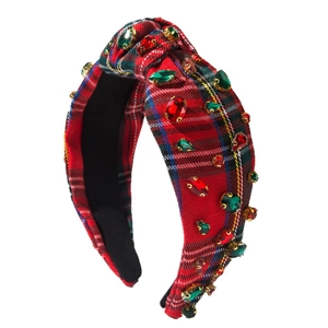 Festive red tartan plaid headband with sparkling rhinestones and a top knot design