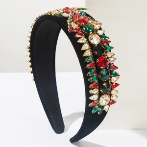 Baroque wide headband with colorful rhinestones on black velvet base for women