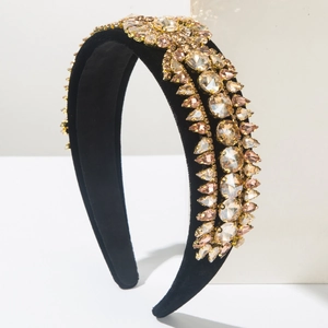 Detailed side view of Baroque velvet headband with champagne crystal rhinestones