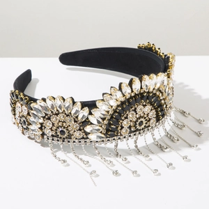 Detail of Baroque headband with sparkling crystals, black velvet, and silver chain tassels