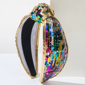 Sparkly multicolored sequin knotted headband with gold trim and padded height design