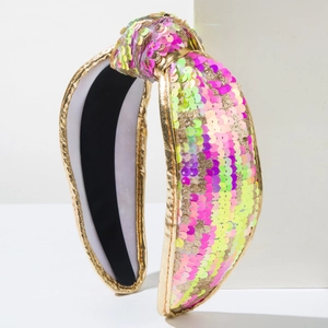 Sparkly multi-color sequin headband with golden knot detail for party celebrations