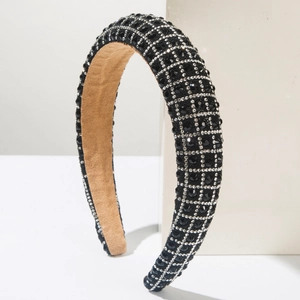 Luxurious wide headband with black crystals and silver rhinestones in a grid pattern