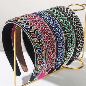 Serre-tête Large à Strass Vintage Baroque pour Femme Serre-tête en Tissu Rembourré avec Motif de Feuilles de Cristal Colorées Accessoires pour Cheveux de Style Palais