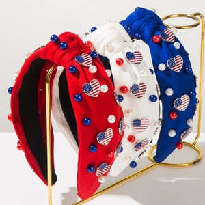 Serre-tête Noué Jour de l'Indépendance USA Tissu Cœur Patriotique Drapeau Américain Künstliche Perles Faux Bandeau Large Femme