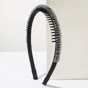 Elegant non-slip crystal headband with black fabric wrap and three rows of grey beads