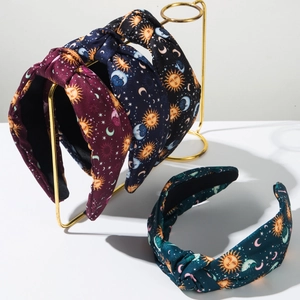 Bohemian Retro Knotted Headband Wide Brim Fabric Hair Band Sun Moon Star Printed Celestial Fashion Hair Accessories For Women