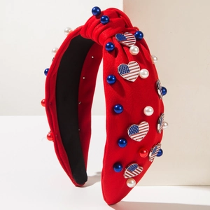 Serre-tête rouge de fête avec cœurs drapeau américain et perles colorées brodées