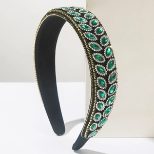 Serre-tête baroque de luxe vert avec strass, chaîne dorée et cristaux étincelants