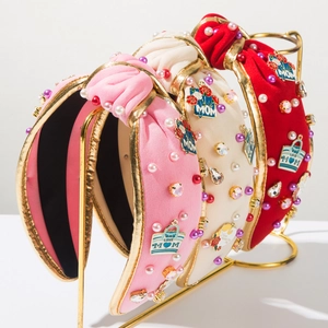 Mother's Day Knotted Wide Headband MOM LOVE Letter Artificial Pearl Rhinestone Enamel Floral Hair Band Fashion Accessory For Women