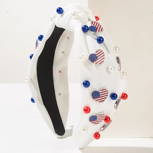 Serre-tête noué blanc avec cœurs drapeau américain et perles de style patriotique