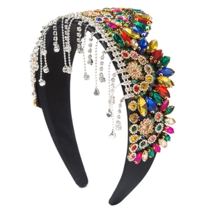 Baroque retro headband with colorful crystals, sparkling rhinestones and silver tassels