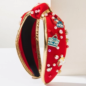 Red knot headband with gold trim featuring MOM pearls and crystals for Mother's Day