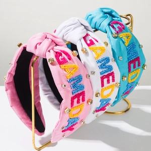 Serre-tête Noué Large Mode Femme Avec Perles de Rocaille Colorées Lettre GAMEDAY Accessoires Cheveux Tissu Avec Strass