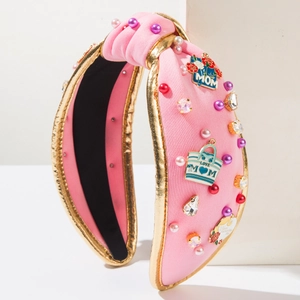 Pink knotted headband with MOM charms, pearls and crystals for Mother's Day gift
