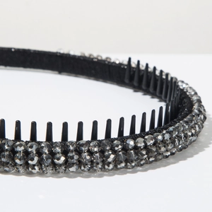 Detail view of crystal-beaded headband featuring non-slip inner teeth and grey rhinestones
