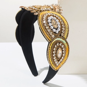 Baroque padded headband with gold crystals and pearls on black velvet base