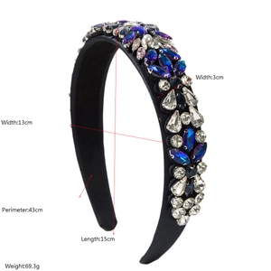 Detailed view of luxury rhinestone headband with precise dimensions and measurements