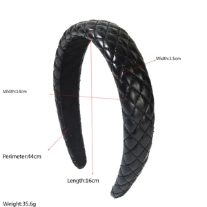 Padded black leather headband with quilted diamond pattern and detailed dimensions