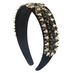Baroque black velvet wide headband with handmade sparkling rhinestones and crystals