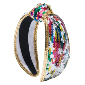 Rainbow sequin knotted headband with gold leather trim for parties and formal events