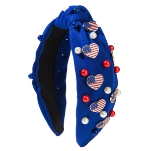 Serre-tête noué bleu avec breloques cœurs drapeau USA et perles rouges, blanches et bleues
