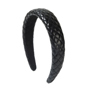 Chic black quilted faux leather puffy headband for women with non-slip velvet inner lining