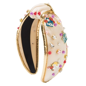 Knot headband with pearls and rhinestones featuring MOM charms for Mother's Day
