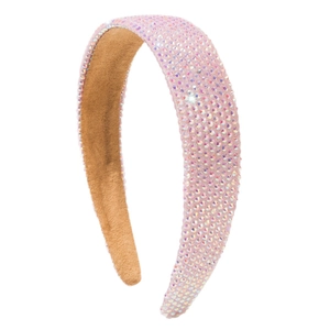 Serre-tête large étincelant avec strass roses AB et doublure douce en daim beige