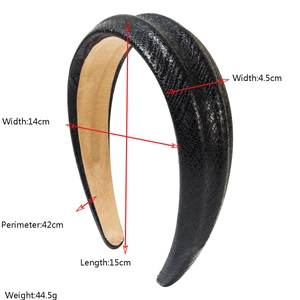 Detailed size measurement of wide black snake-embossed leather headband with beige lining
