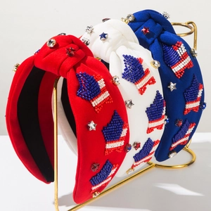 Cerchietto Annodato con Bandiera Americana per il Giorno dell'Indipendenza Stella Patriottica Perline Strass Fascia Larga Tessuto Donna Accessorio Festa