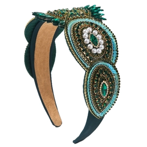 Luxury Baroque green velvet headband with emerald crystals and white pearls for parties