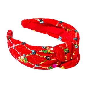Serre-tête rouge scintillant à paillettes avec motifs floraux pour fêtes de Noël