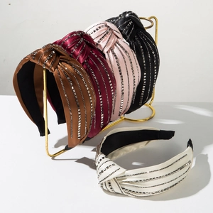 Fashion Satin Knotted Wide Headband For Women Rhinestone Embellished Geometric Line Pattern Elegant Party Hair Accessories