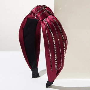 Fashionable dark red satin knotted headband with square rhinestone rows and wide side design