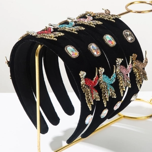 Baroque Vintage Bird Rhinestone Headband For Women Padded Black Velvet Hair Band Luxury Jewelry Hair Accessories