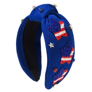 Cerchietto annodato blu con stelle di perline bandiera USA e accenti di strass lucidi
